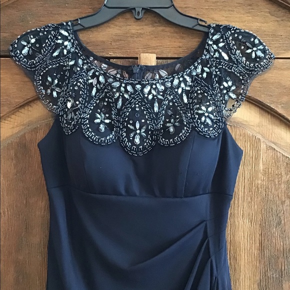 xscape petite beaded illusion gown